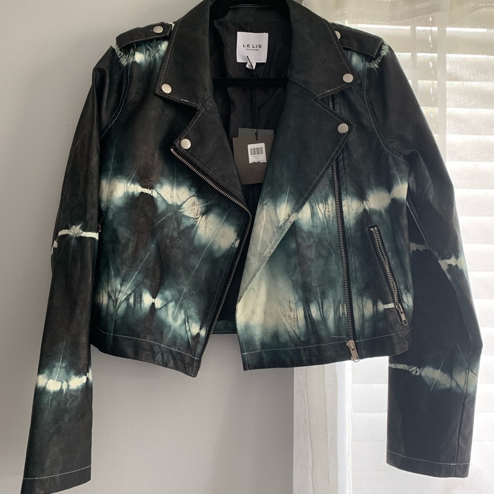 Le Lis Black and Teal Tie-Dye Faux Leather Moto Jacket